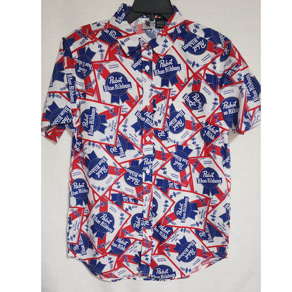Pabst blue ribbon beer collared button up short sleeve shirt medium - Picture 5 of 8